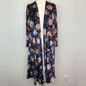 NWT LuLaRoe Sarah Duster Cardigan Velvet Blue Multicolor Floral Print Size S